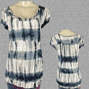 One World S Navy Blue-Gray Striped Tie-Dye Scoop Neckline Rayon Cap Sleeve Tee